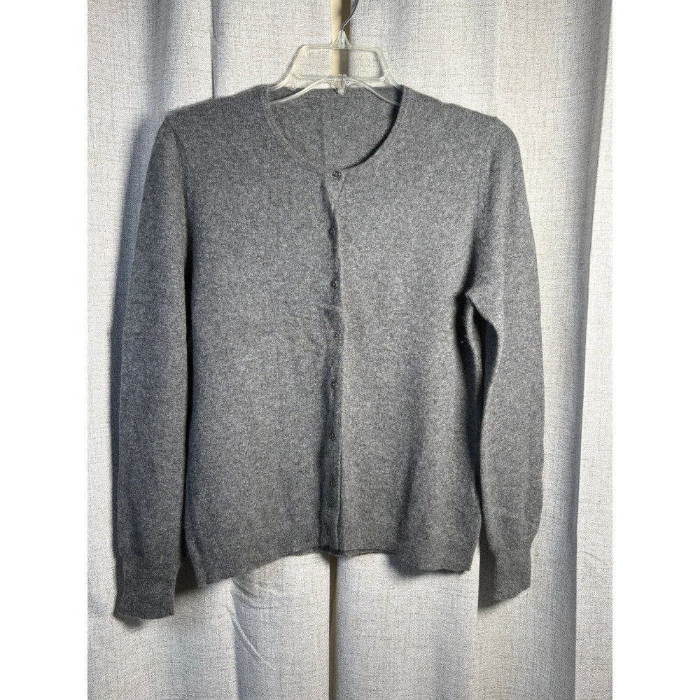 Charter Club 100% Cashmere Cardigan Sweater Heather Gray Crew Neck RN31104